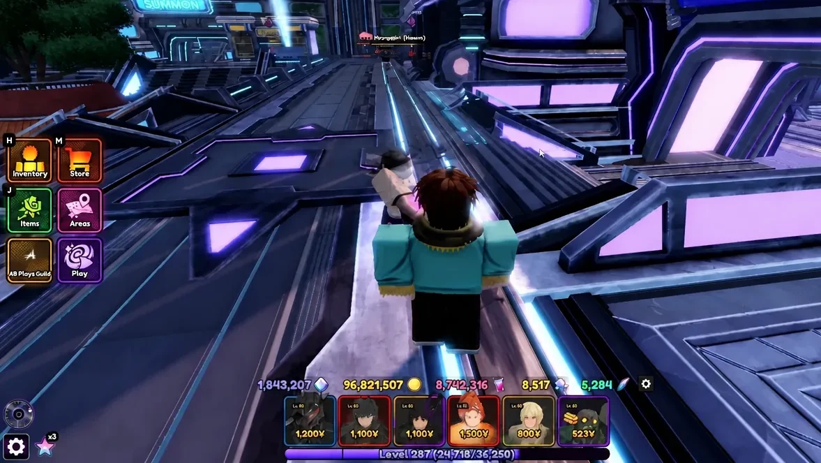 Anime Vanguards hub area with the Play button and navigation menu on the left side of the screen