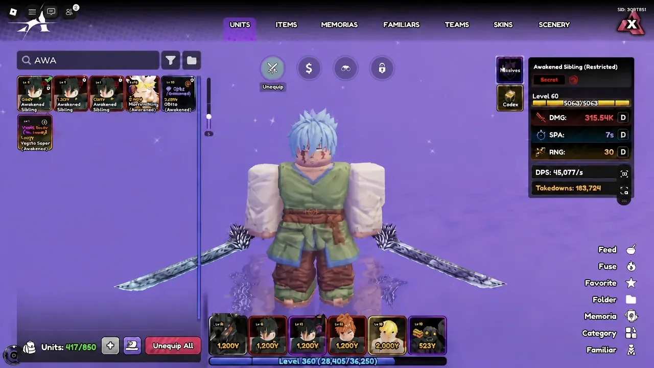 Awakened Sibling (Restricted) selected on the Units screen showing level and stat readouts