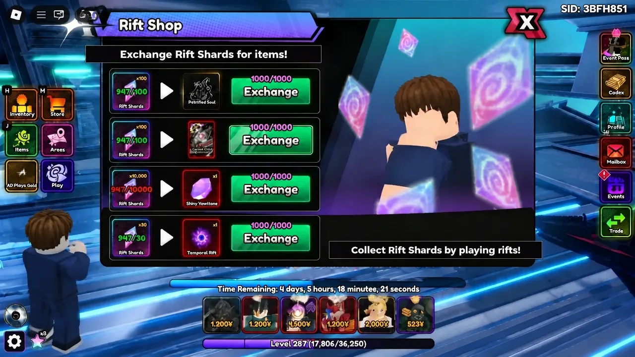 Rift Shop screen with green Exchange buttons for trading Rift Shards
