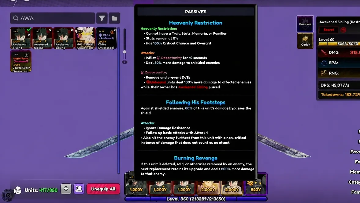 Passives tab listing Heavenly Restriction, Following His Footsteps, and Burning Revenge