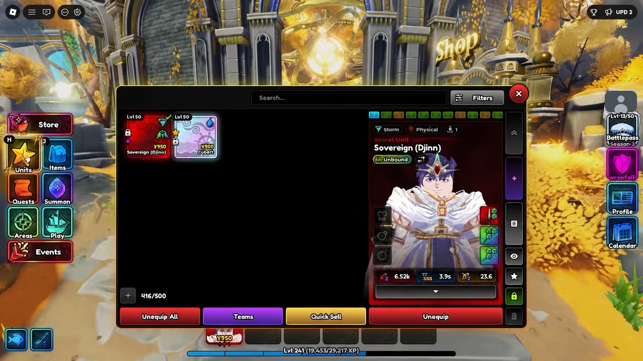 Sovereign (Djinn) unit details showing its four Djinn passives and equipped gear