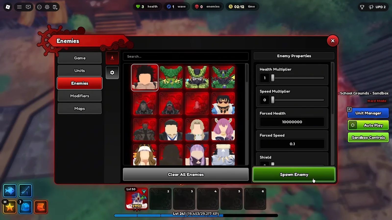 Sandbox Enemies menu with a boss portrait selected and the cursor on Spawn Enemy
