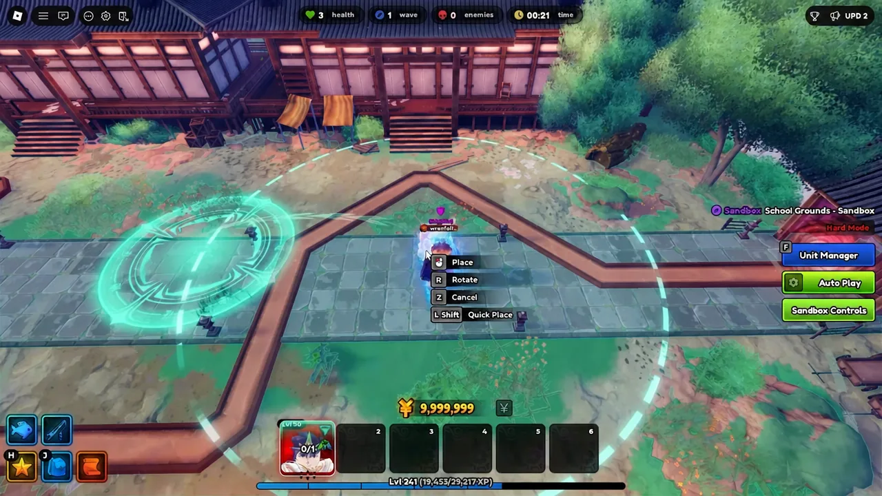 School Grounds Sandbox with the Place button highlighted while positioning a unit