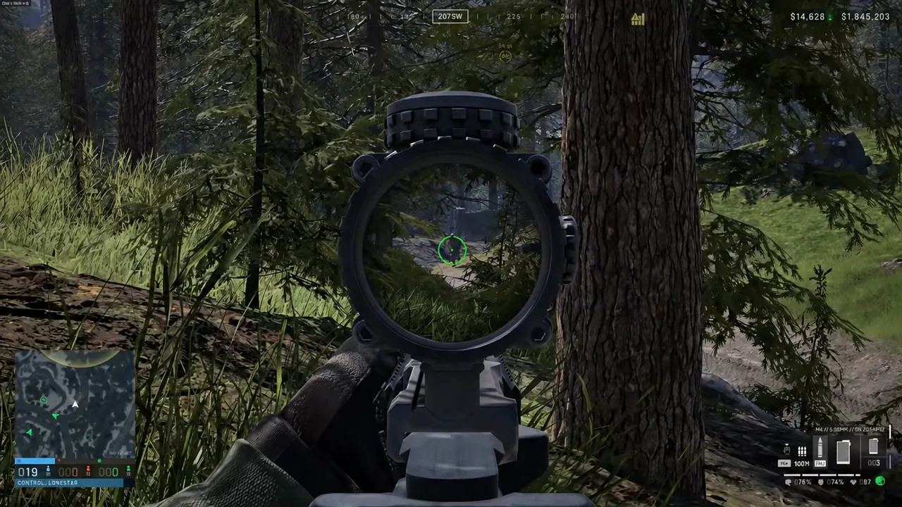 Aiming down a scoped rifle through trees with the green reticle centered