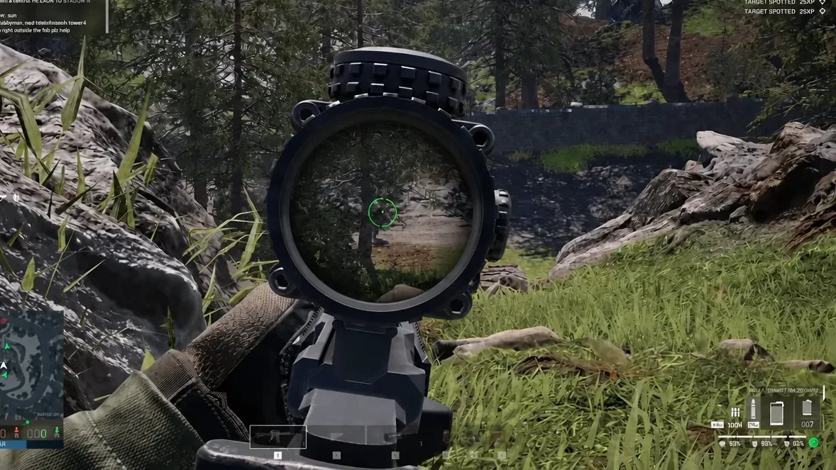 Scoped rifle view with a green reticle tracking a target in woodland
