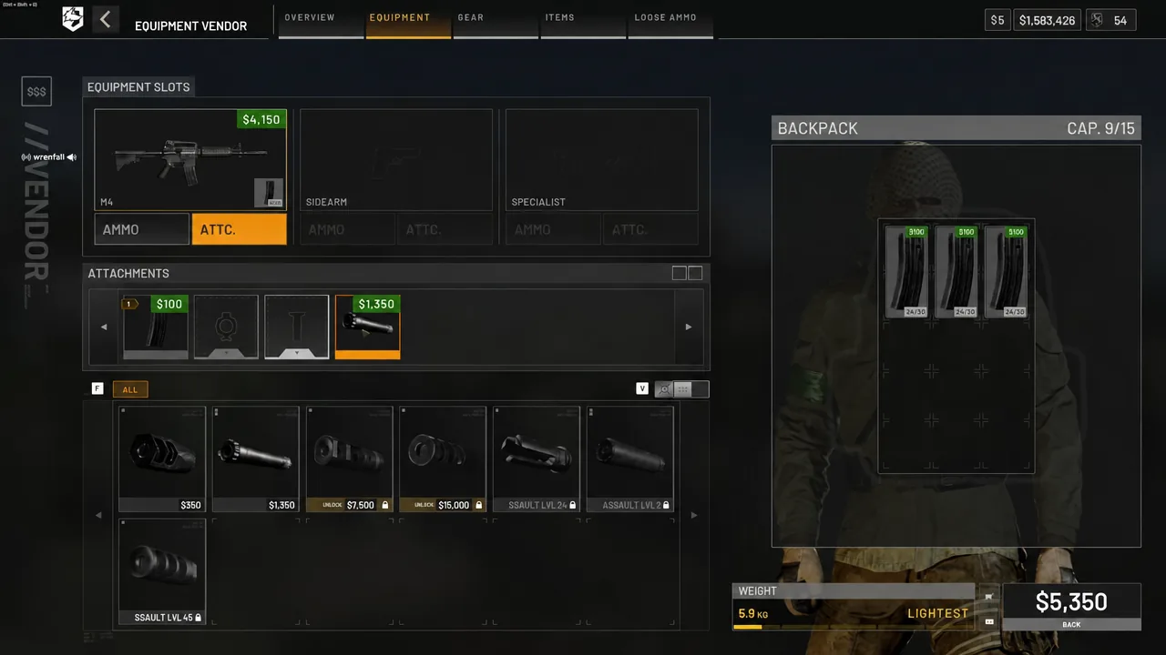 Equipment Vendor menu with the M4 selected and its attachment button highlighted