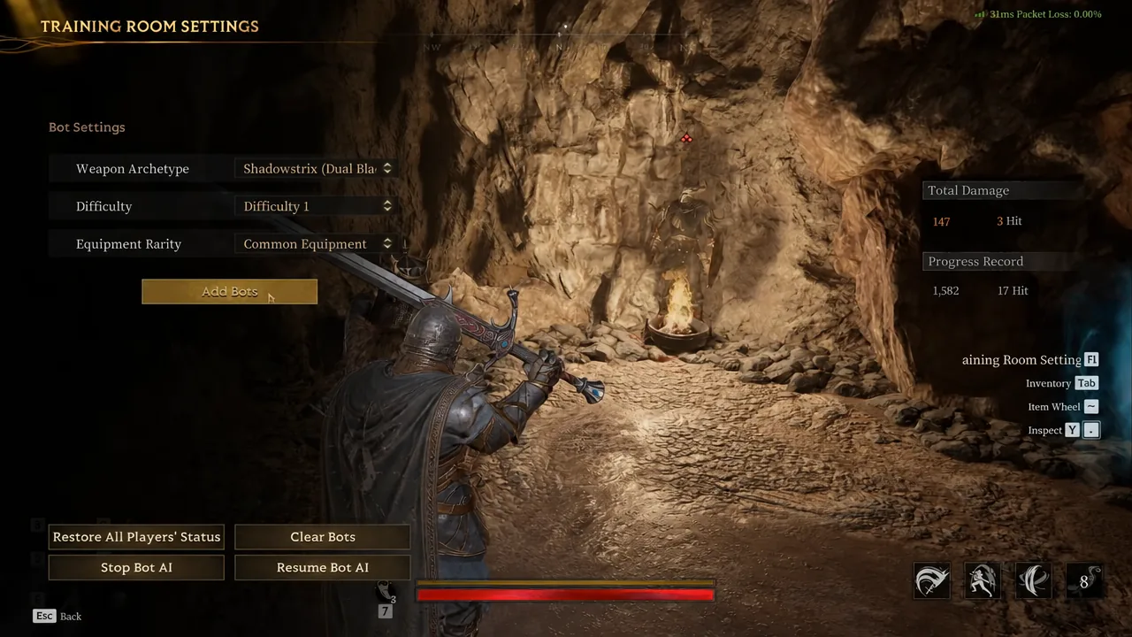 Training Room Settings screen with the Add Bots button highlighted