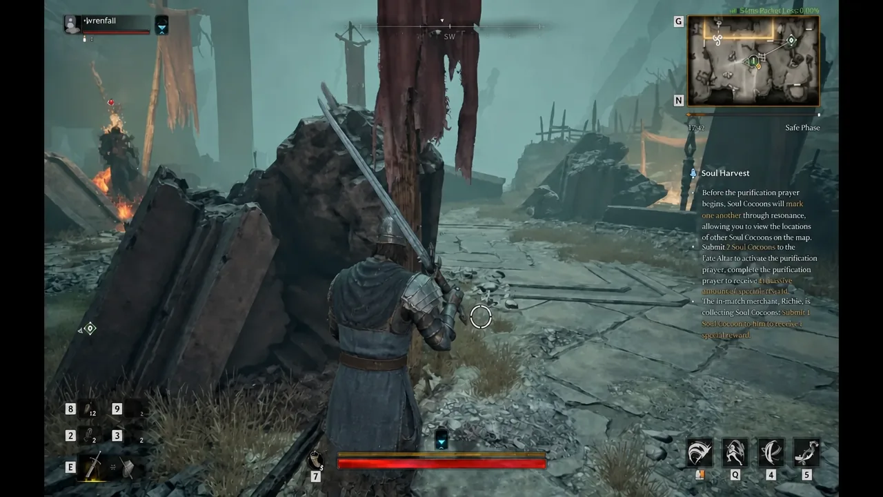 Player exploring ruins during a Soul Harvest run with the objective panel tracking Soul Cocoons