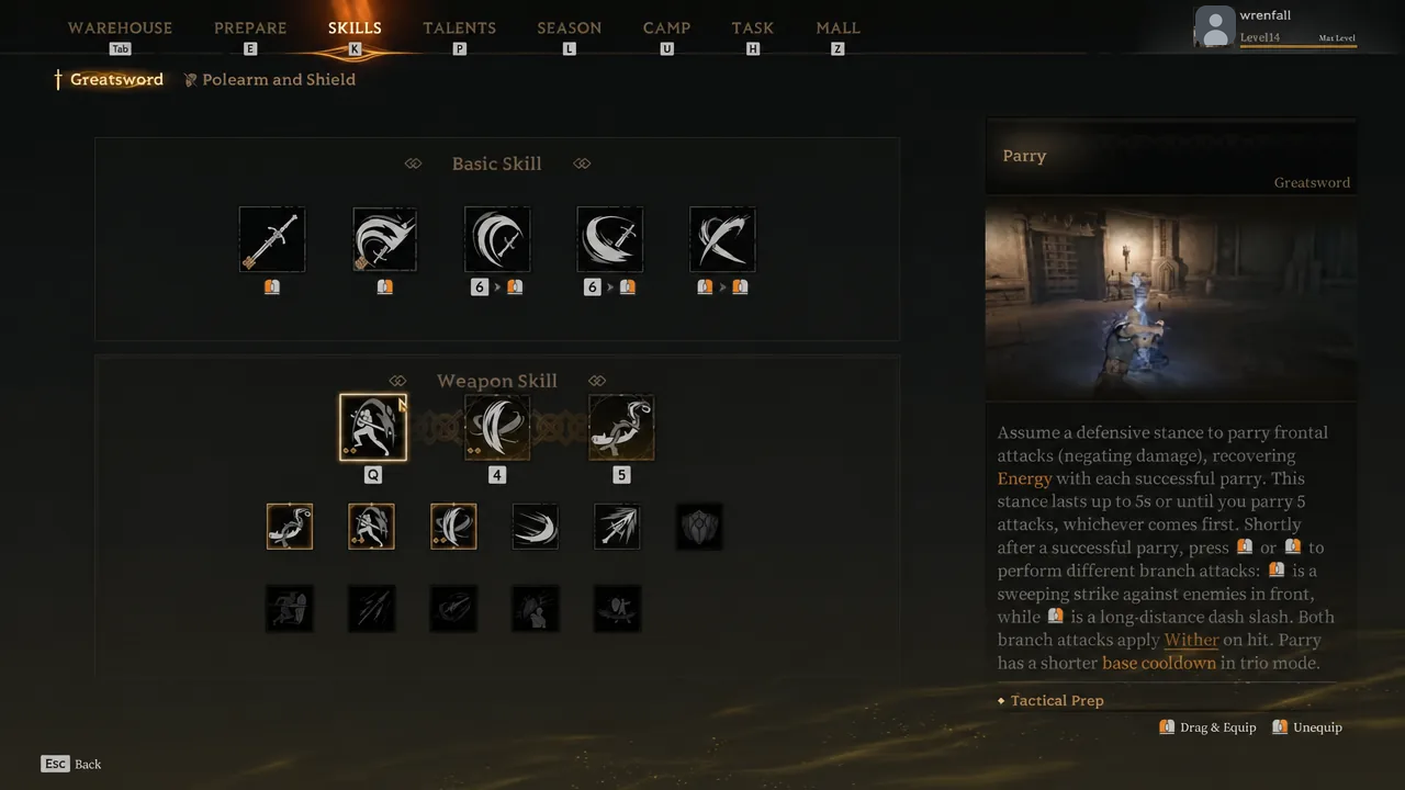 Greatsword skills menu with the Parry weapon skill selected to read its description