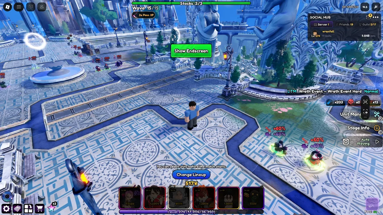 Wave 15 of 15 completed with the Show Endscreen button prompting match results