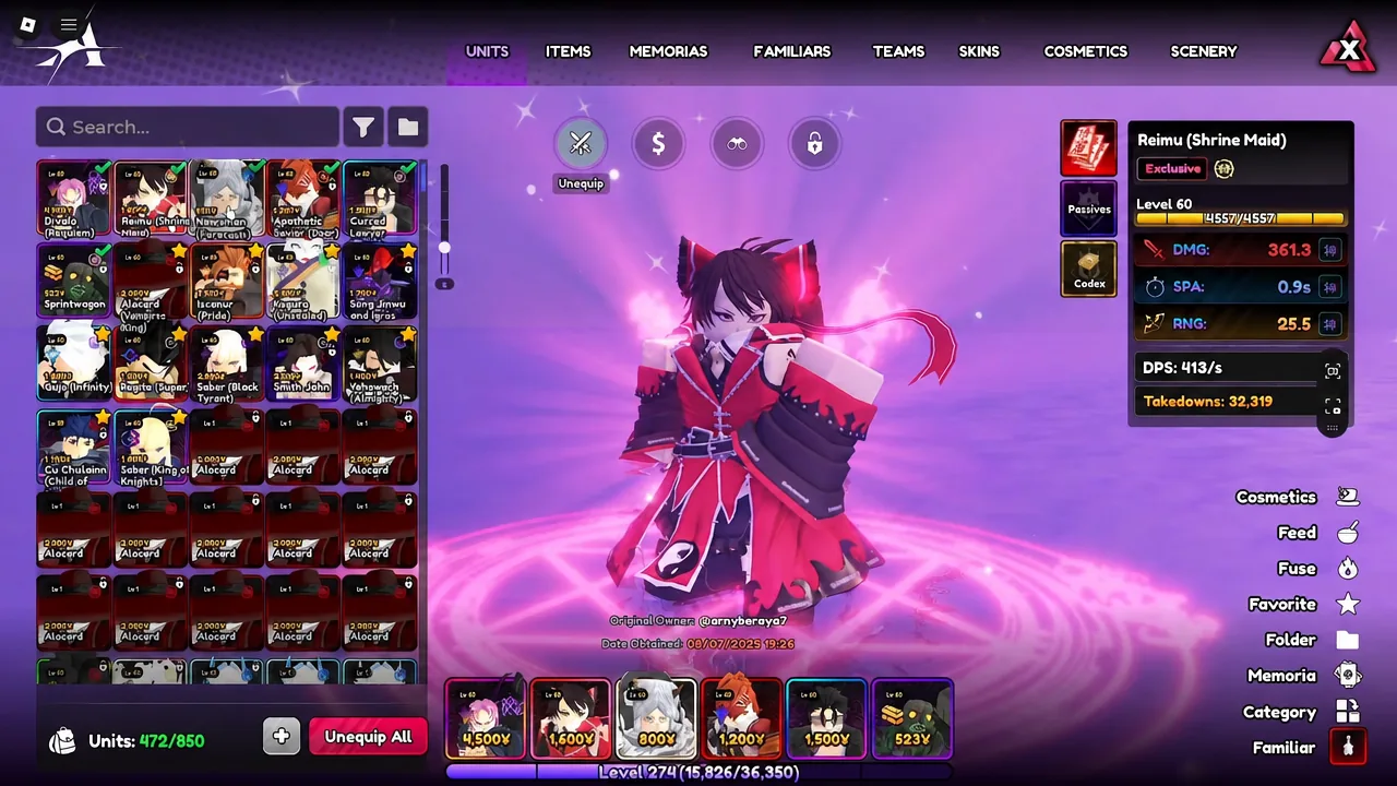 Units menu open on Reimu (Shrine Maid), showing her stats before the Wrath Event run