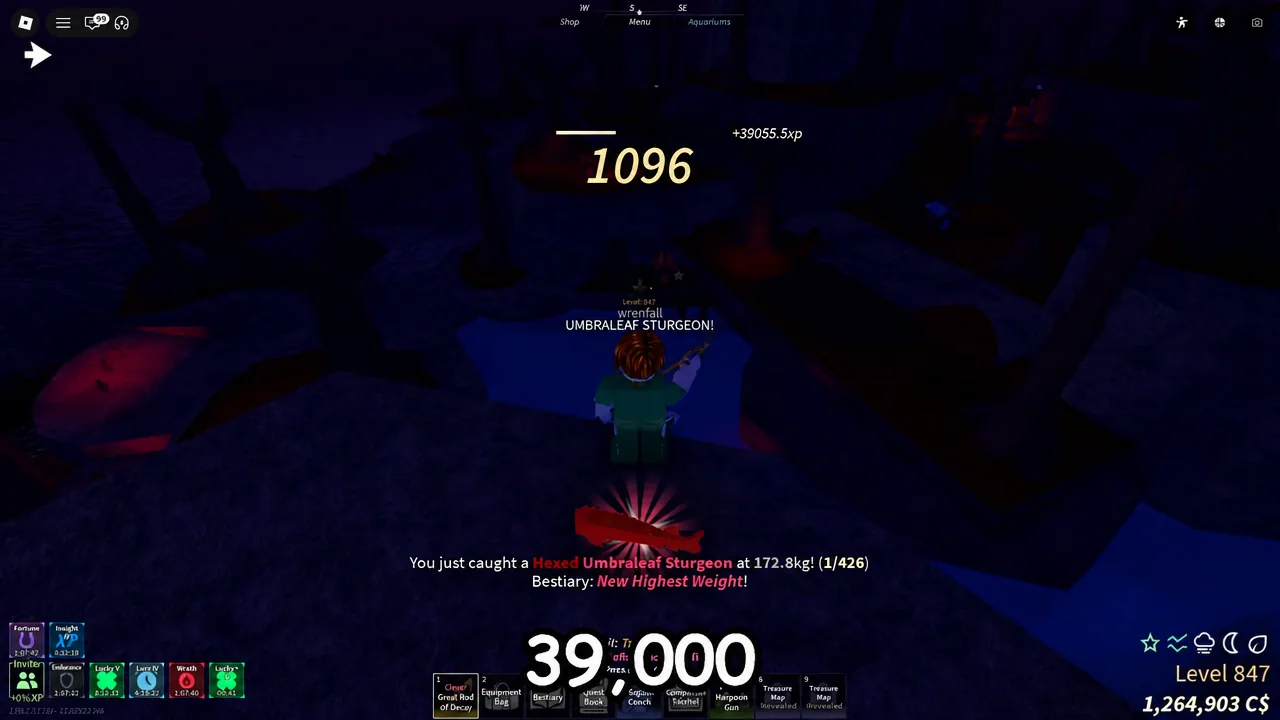 Catch notification for an Umbraleaf Sturgeon showing the XP reward after reeling it in