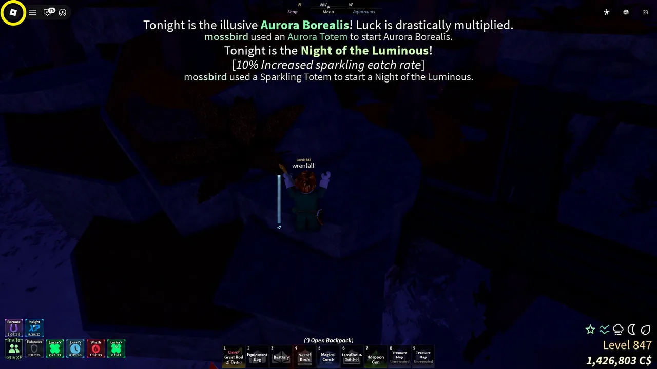 Aurora Borealis and Night of the Luminous event banners on screen during nighttime gameplay
