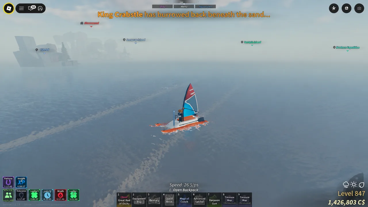 Small boat crossing open water at night with a King Crabstle event notification on screen