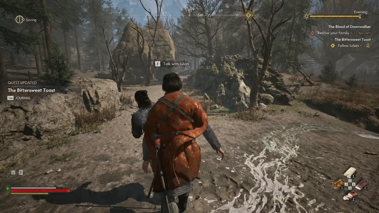 On-screen F prompt to talk with Iulian outside Vera's Hut in The Bittersweet Toast