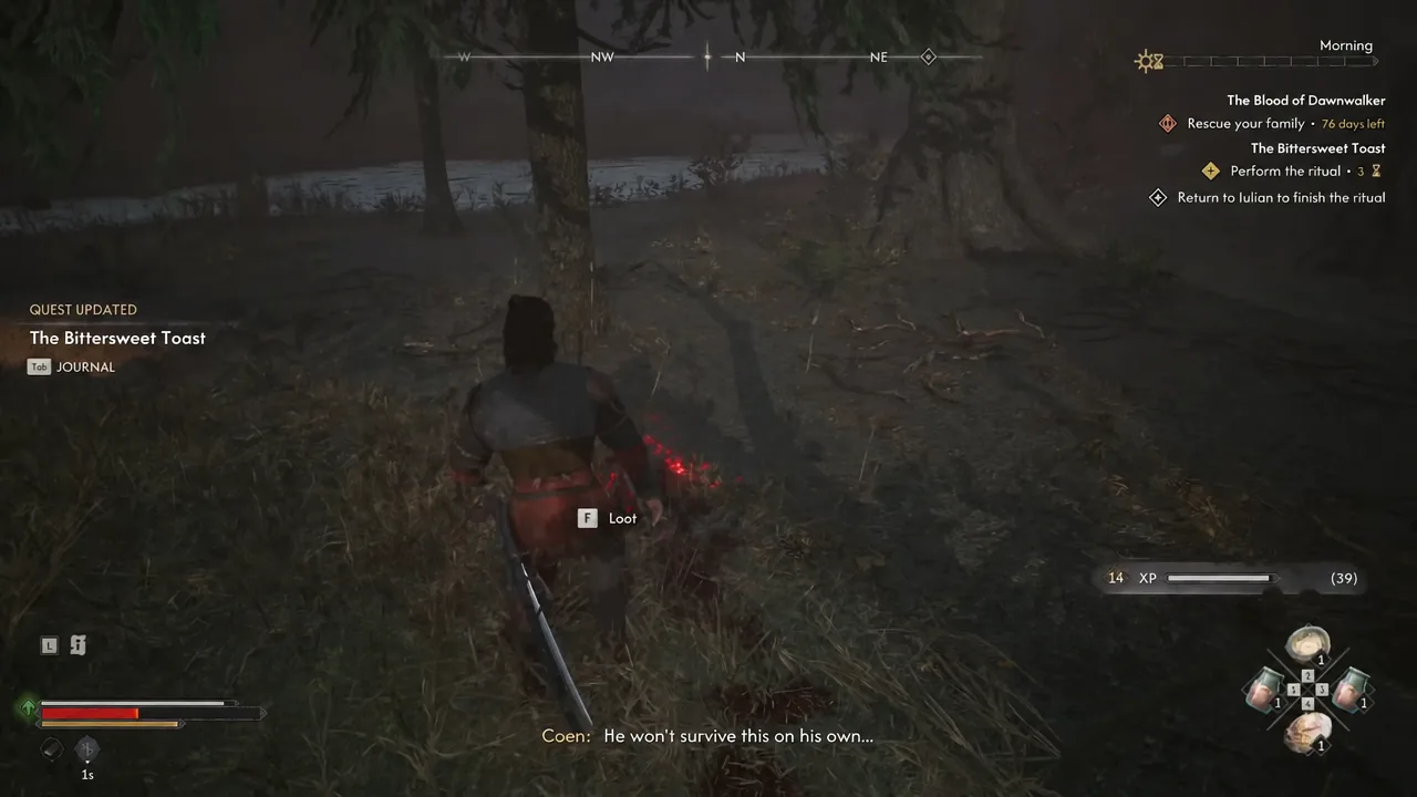 F Loot prompt on screen as Coen loots a fallen enemy during the final ritual stage