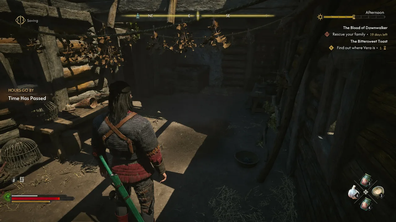 The 'Time Has Passed' notification on the HUD as Coen waits inside the hut for daytime