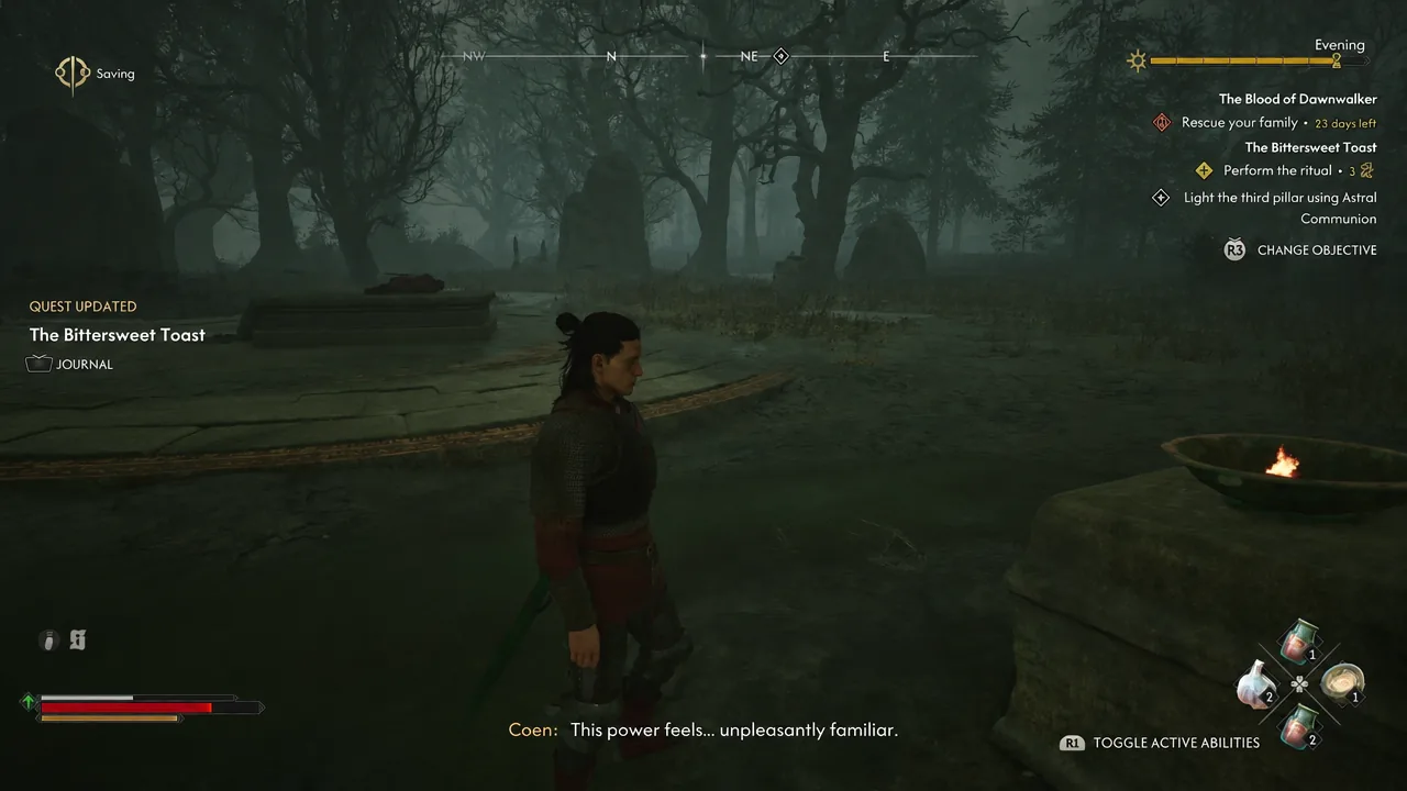 Journal showing The Bittersweet Toast updated with 'Perform the ritual' as the active objective