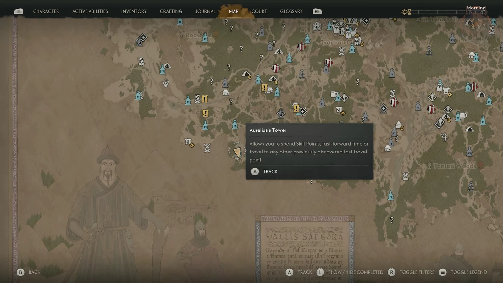 Map screen showing Aurelius's Tower selected with its description and track prompt