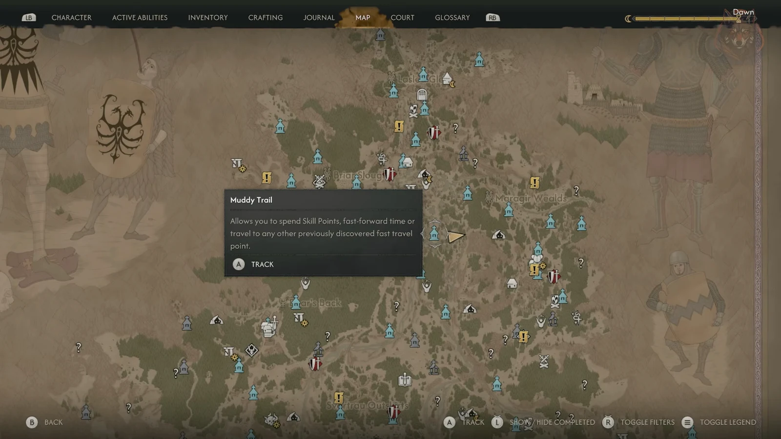 World map with the Muddy Trail fast-travel point selected and its track option shown
