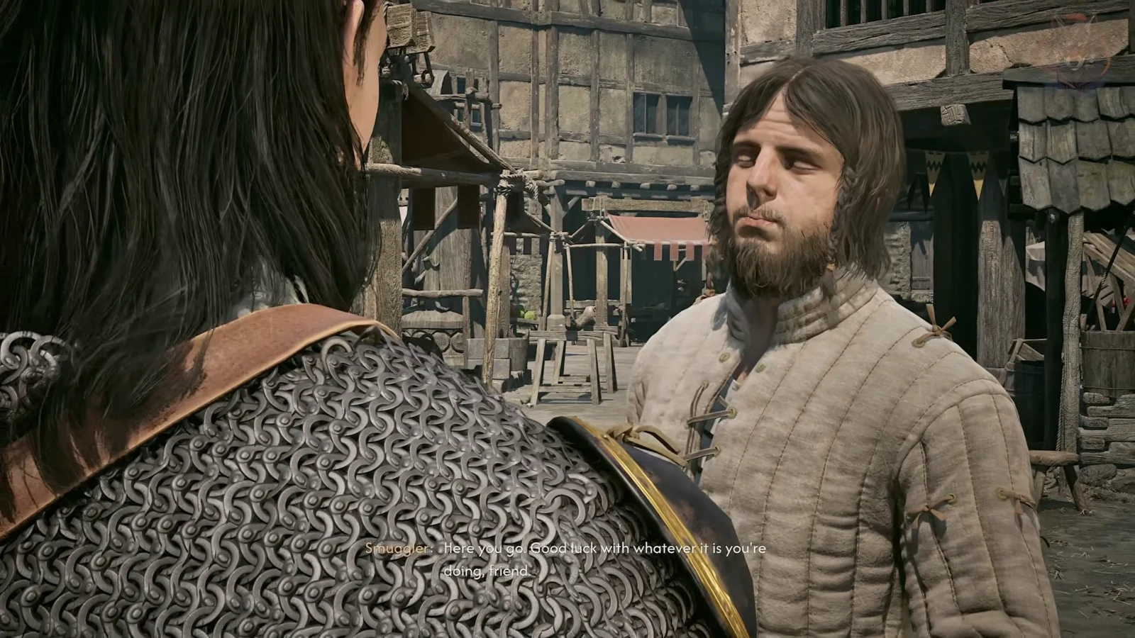 Dialogue with a trader in a medieval market as he wishes Coen luck