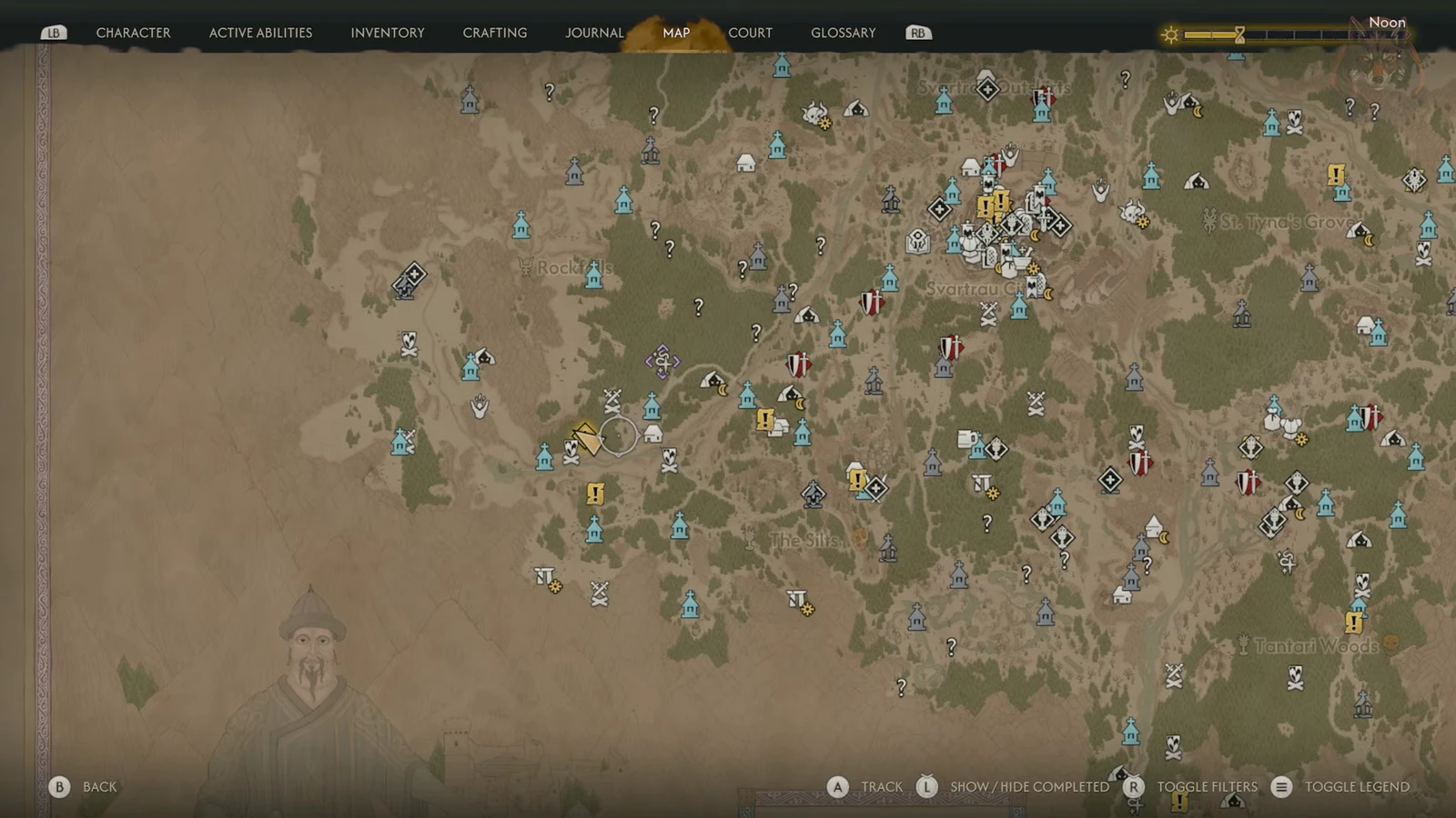 Map screen with the Of Wolves and Men marker highlighted and tracking options shown