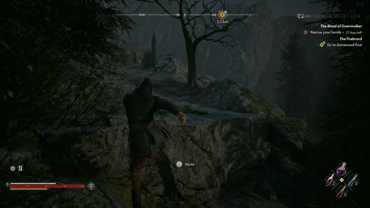 Coen pulling himself over a ledge at night with the Haste prompt on the HUD