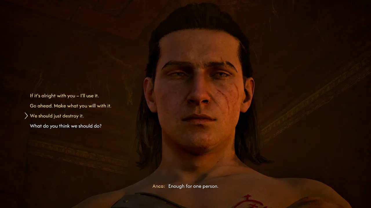 Dialogue wheel with the option We should just destroy it highlighted during the Font of Life conversation
