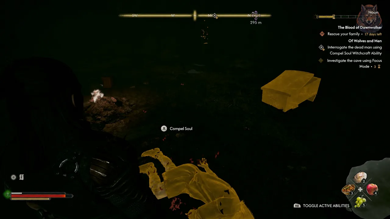 Compel Soul prompt appearing over a dead body inside the wolf cave