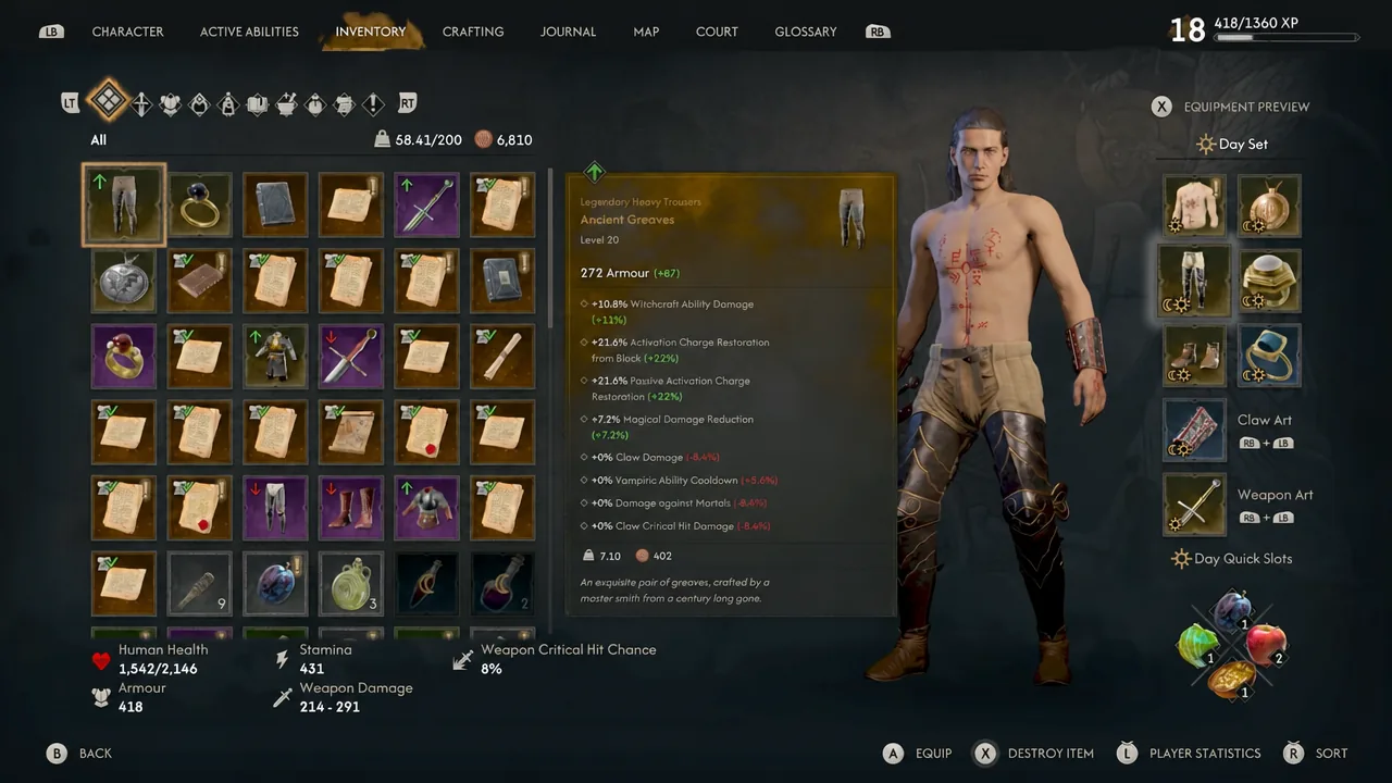 Inventory screen showing the Ancient Greaves listed as Legendary Heavy Trousers with its stats