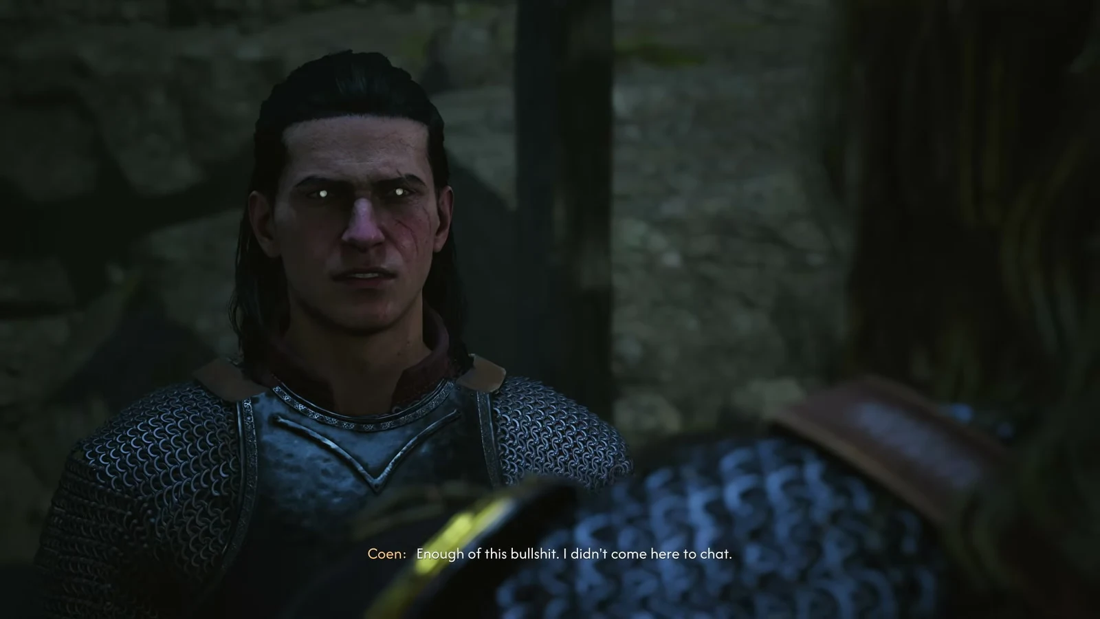 Cutscene of the armored boyar Ambrus facing Coen as subtitles show Coen cutting the conversation short.