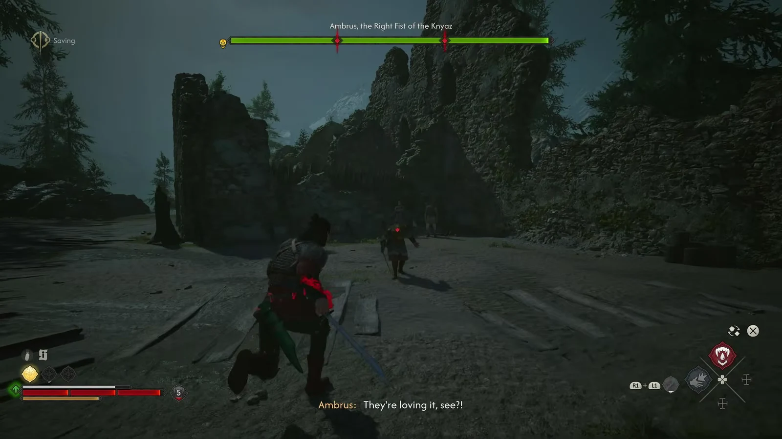 Boss health bar reading Ambrus, the Right Fist of the Knyaz during the duel.