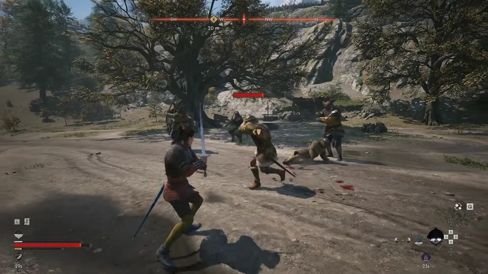 Sword combat against several soldiers in a forest clearing beside the road