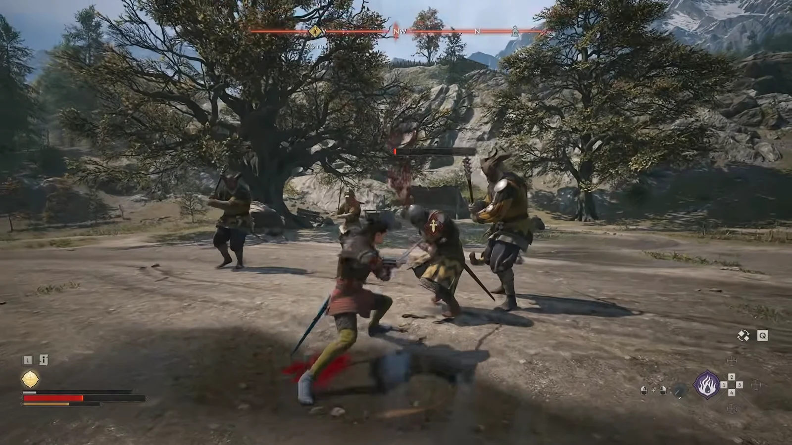 Locked-on attack against an armoured soldier whose health bar is partly drained