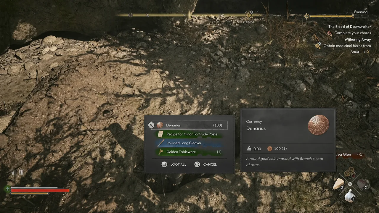 Loot window showing Denarius and other items with Loot All and Cancel options