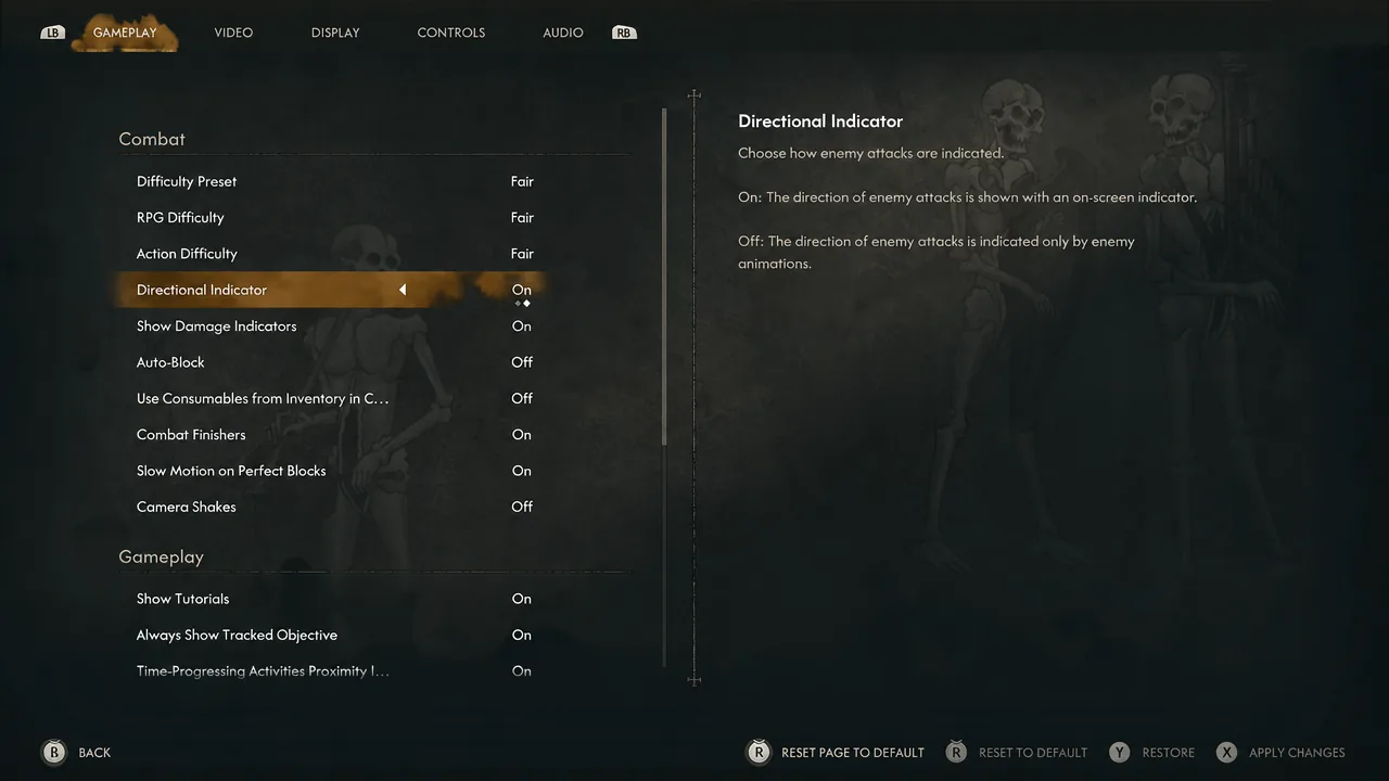 Gameplay settings menu showing the Directional Indicator option turned on