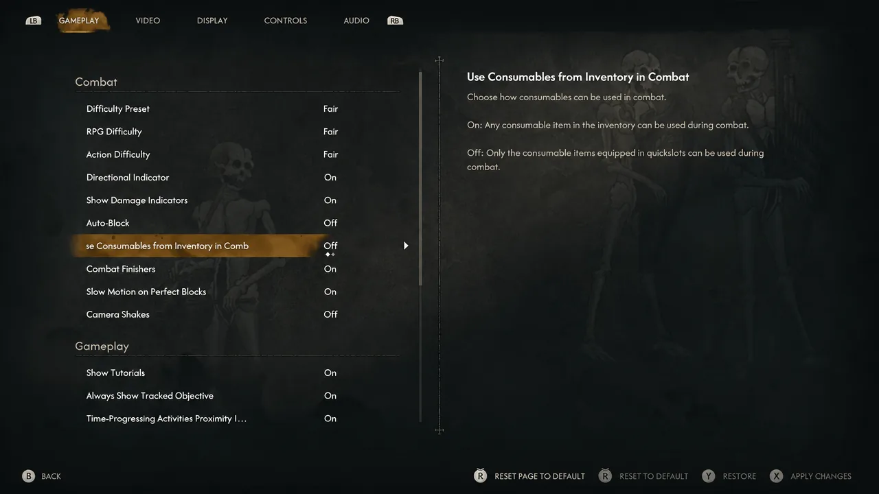 Use Consumables from Inventory in Combat highlighted and set to Off