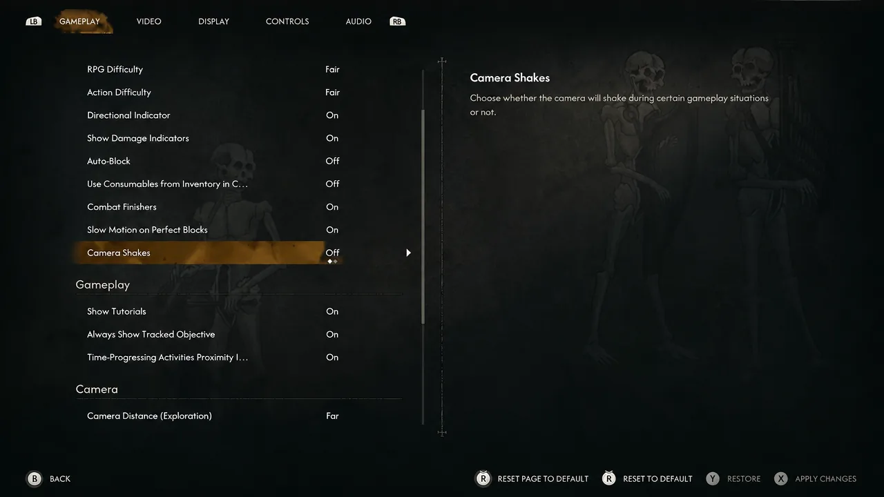 Camera Shakes highlighted in the Gameplay settings and switched off