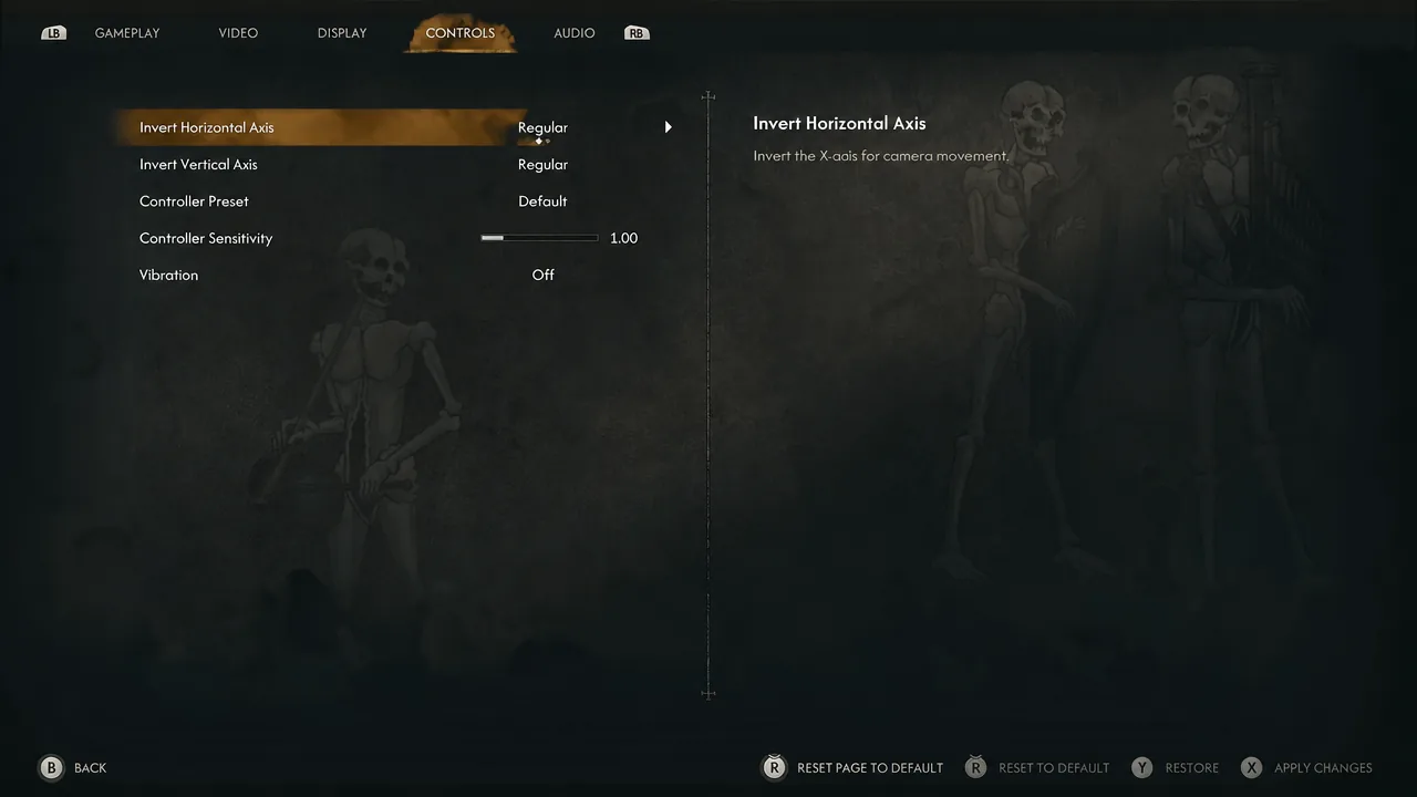 Controls menu with Invert Horizontal Axis highlighted on the Regular setting