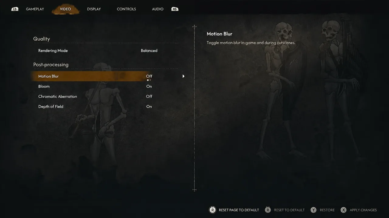 Video settings menu with Motion Blur highlighted and switched off