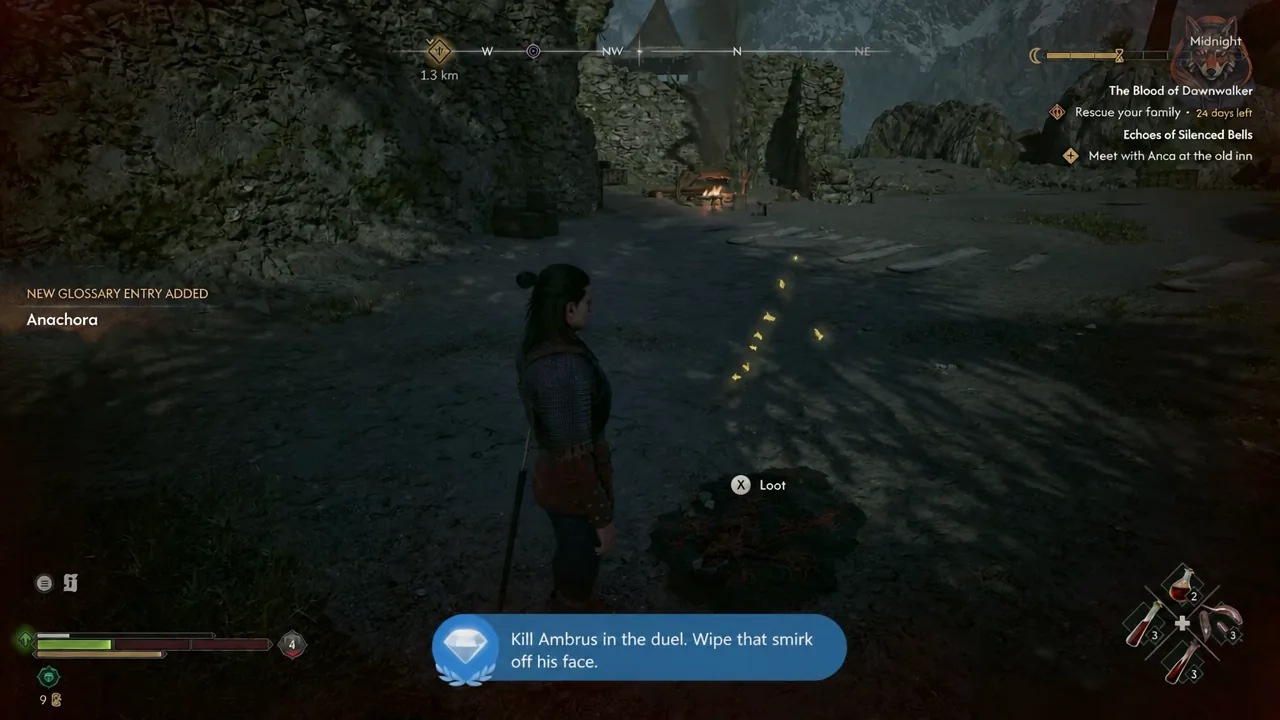 The on-screen Loot prompt appearing as Coen stands over a lootable body after the duel