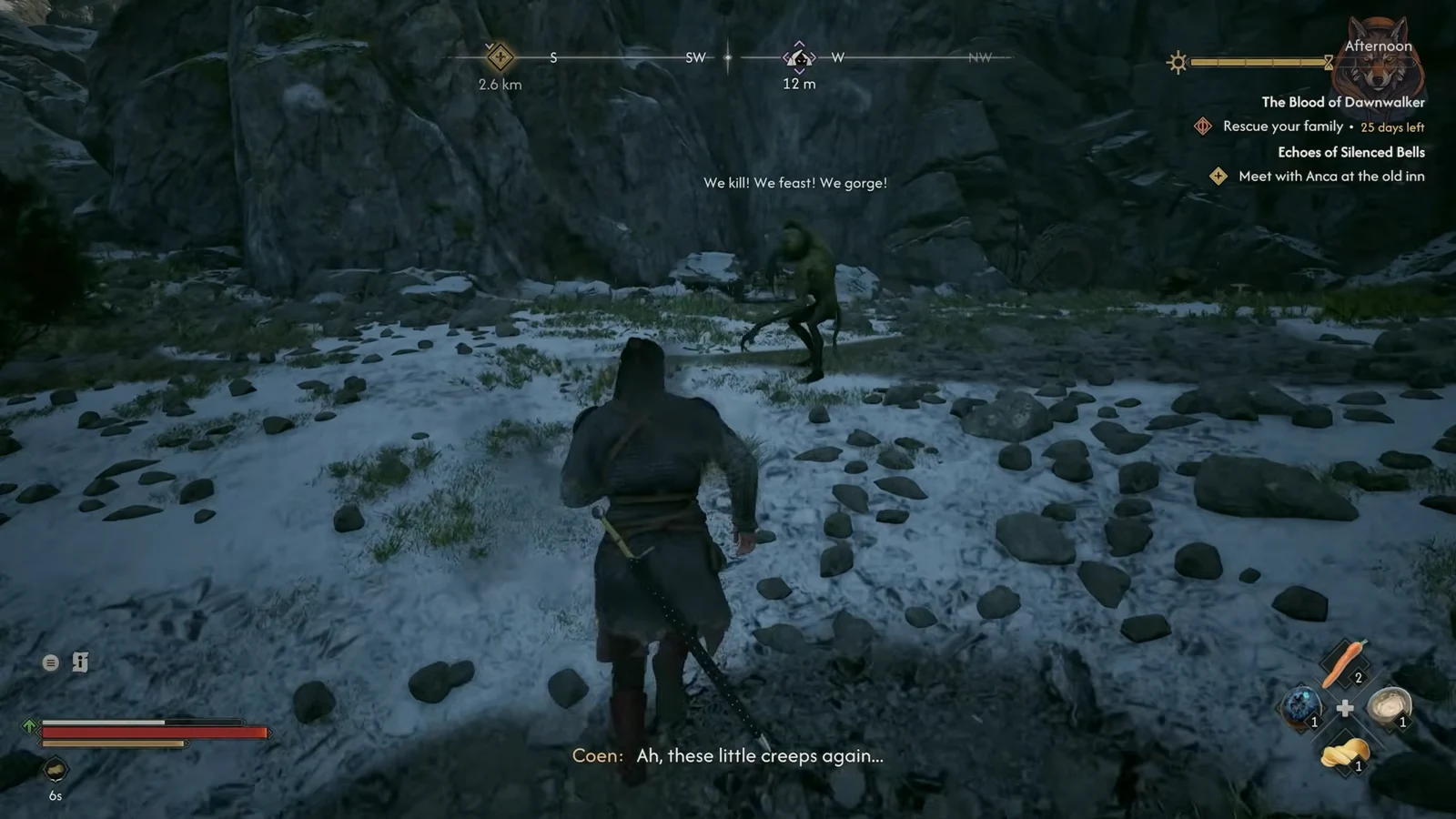 Coen closing in on a small green enemy in a snowy clearing outside the Kobold's Nest