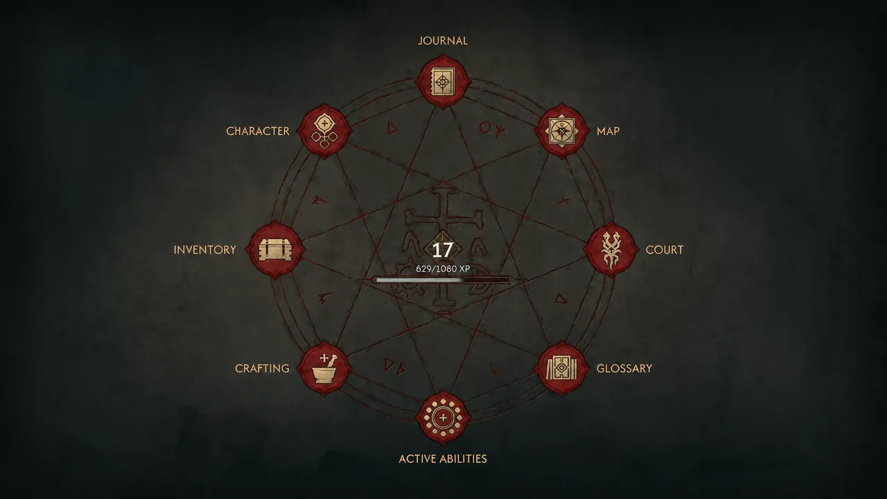 The radial menu open in-game with the Journal option highlighted at the top of the wheel