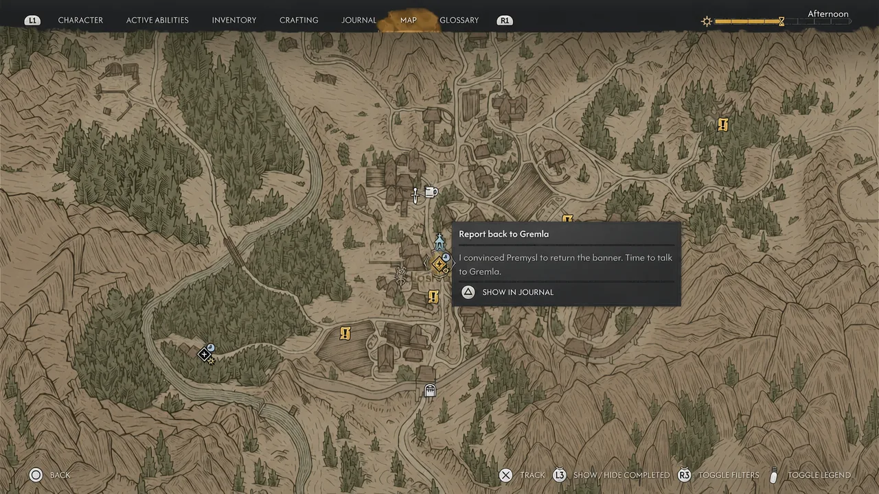 World map with the Report back to Gremla objective selected and its details panel open
