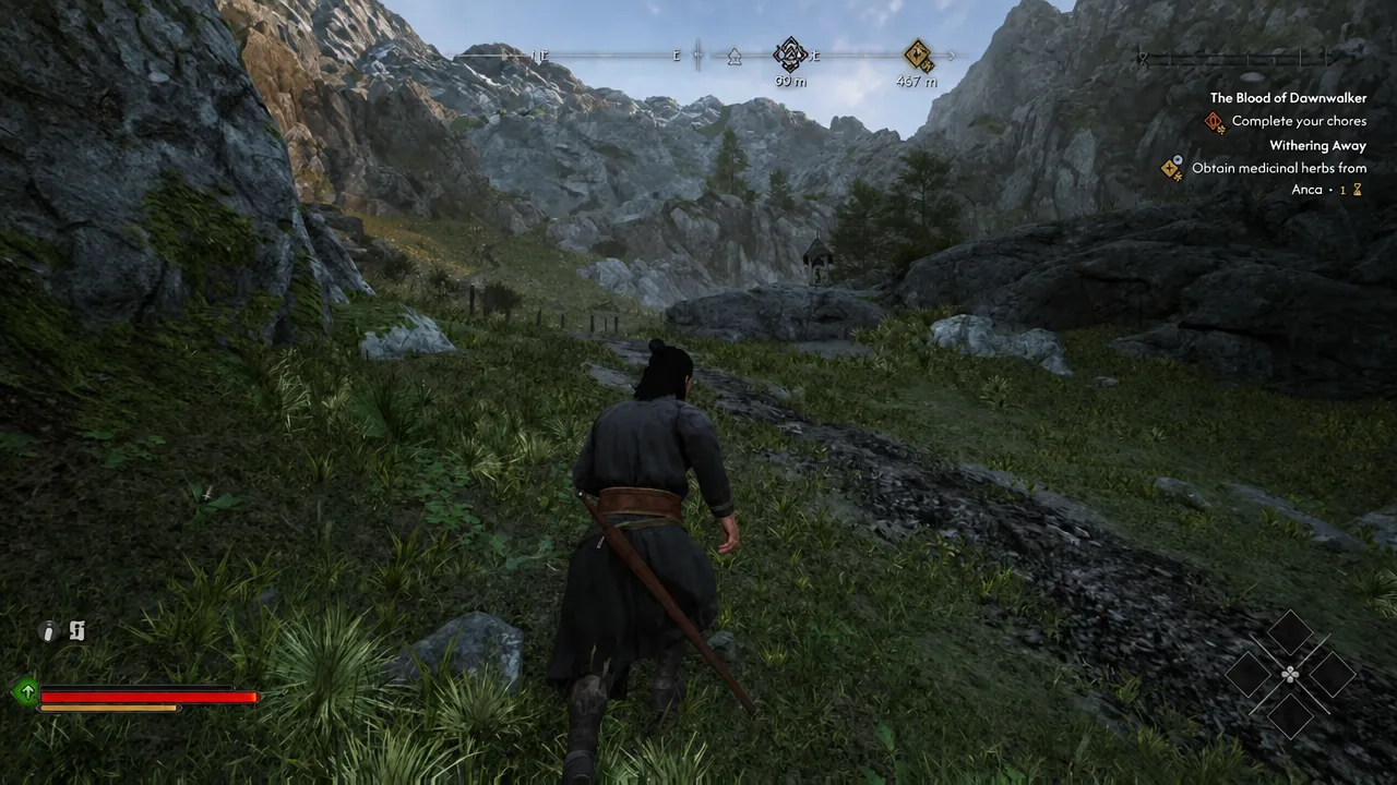 Prologue quest tracker listing chores and medicinal herbs while running through the mountain pass