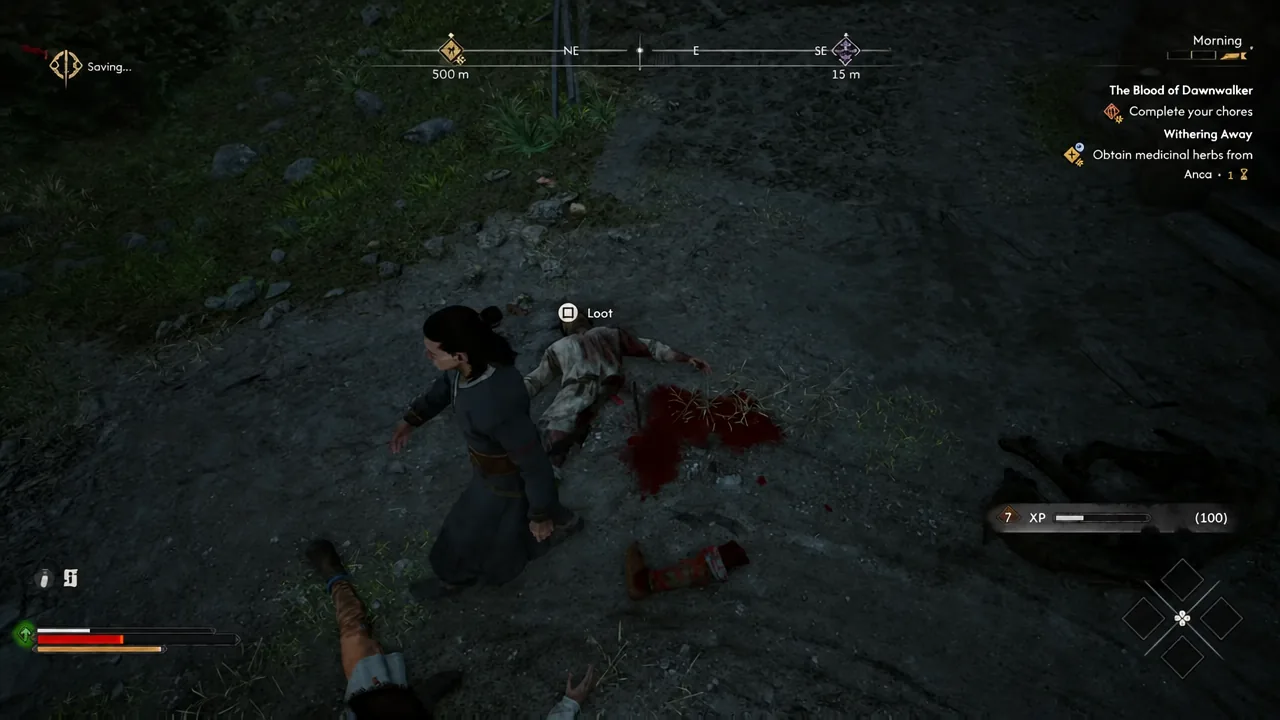 Loot prompt appearing over a defeated bandit's body after the camp fight