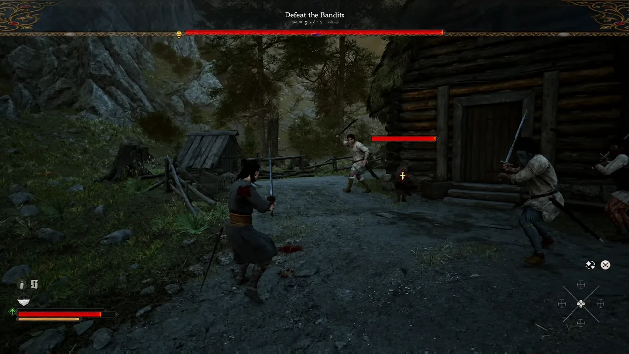 Combat against armed bandits outside the cabin with enemy health bars on screen