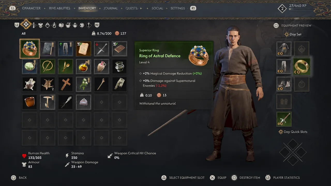 Inventory screen showing the Ring of Astral Defence and its equipment stats