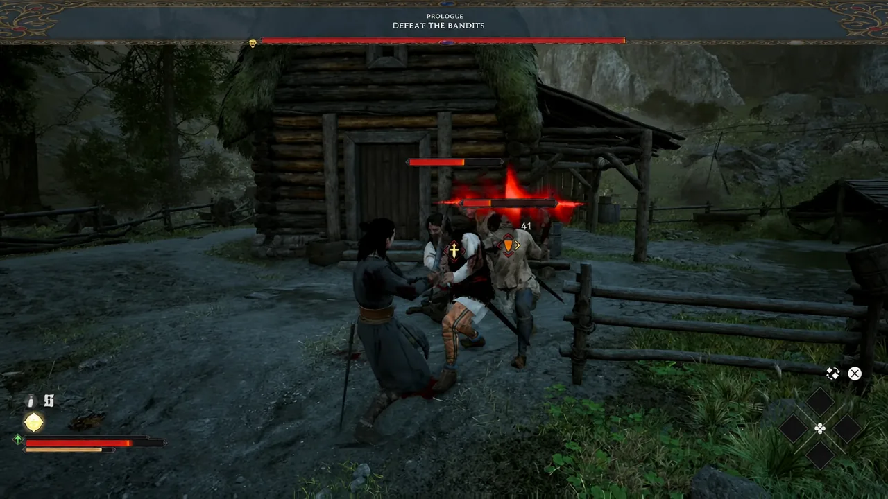Prologue objective to defeat the bandits with a single enemy locked on during the fight