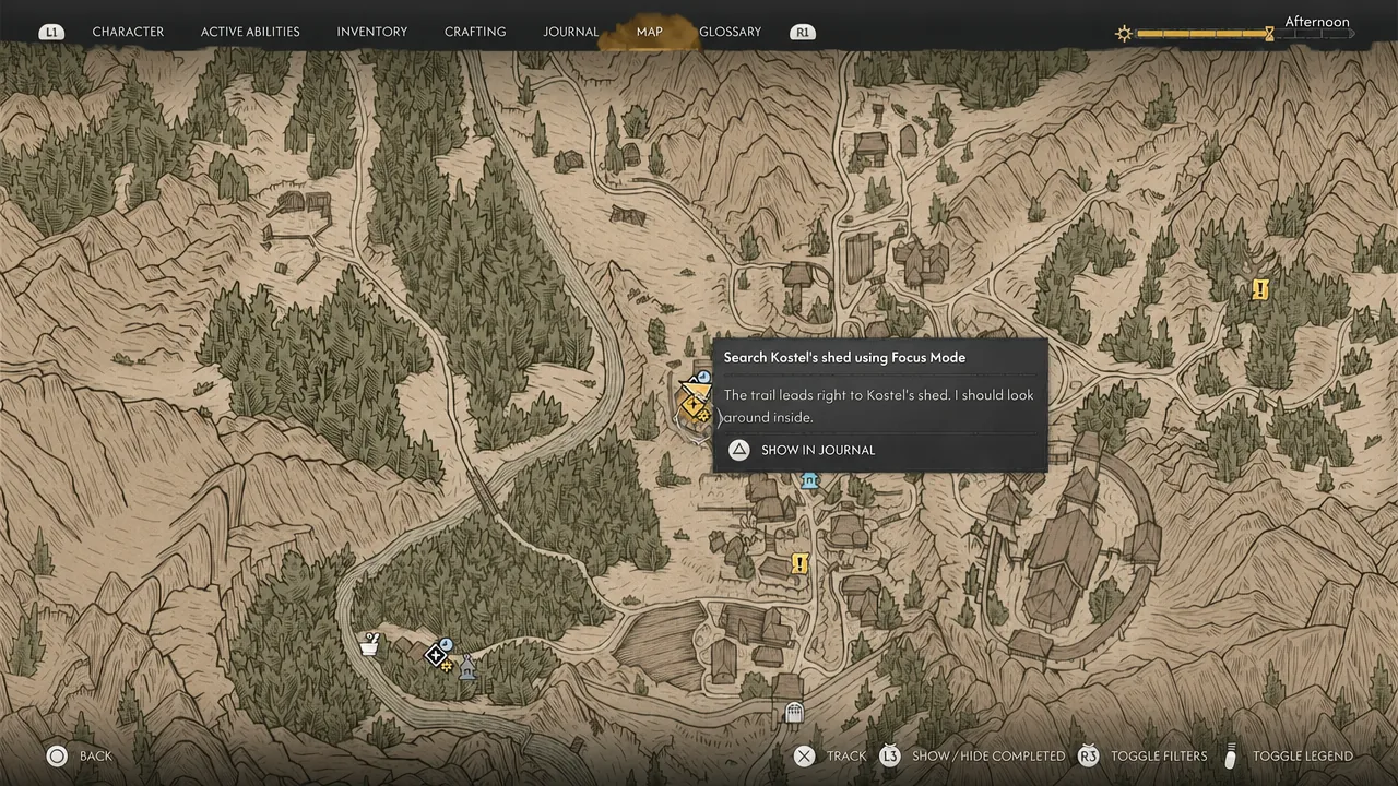Map screen listing the objective to search Kostel's shed using Focus Mode